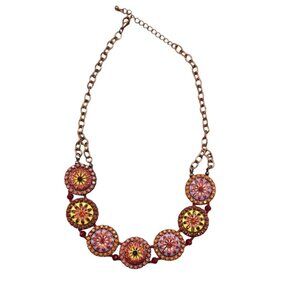 Vintage Enamel & Crystal Statement Adjustable Necklace - Colorful Discs